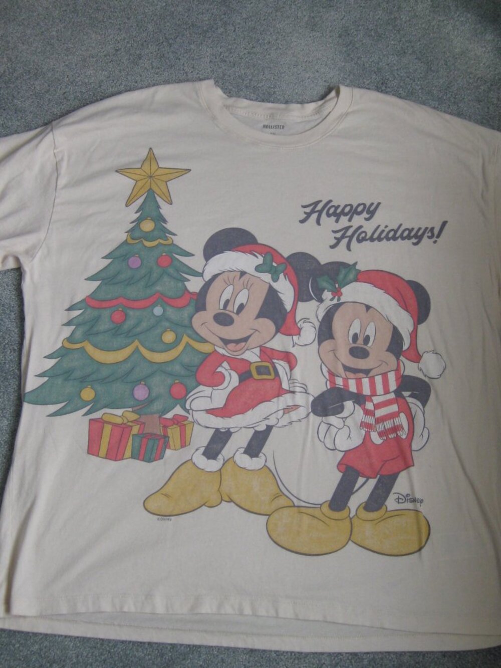 Hollister XXL Disney Mickey Minnie Mouse Christmas Tree T-shirt Off-White Cotton